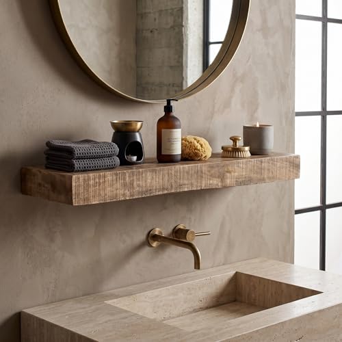 Hives & Honey Hawthorne Floating Shelf 48 Inch, Solid Mango Wood Wall Mounted Shelf, Hidden Bracket Design, Heavy Duty Storage Shelf, Light Wash Rustic Décor