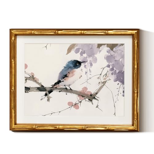 WHASAYART Gold Bamboo Frame Watercolor Bird Flower Wall Art 11x14 Inch | Floral Animal Artwork Canvas Painting Print With Acrylic Cover, Botanical Illustration Spring Decor for Living Room Bedroom - color: Frilled Bird