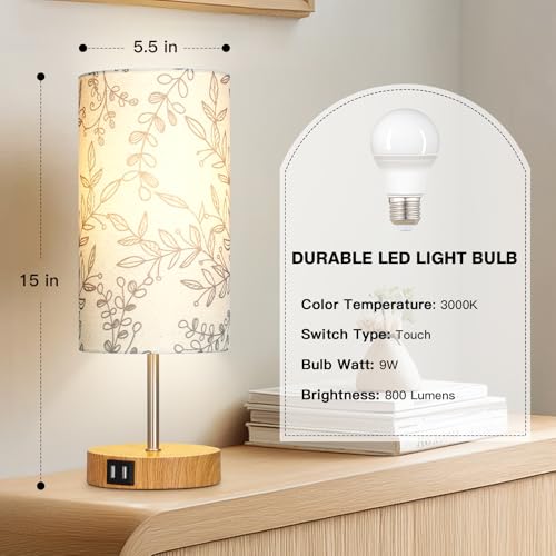 CINSARY Bedside Touch Lamps for Nightstand with 2 USB Charging Ports, 3 Way Dimmable Wood Bedroom Lamp with Flower Fabric Shade, Small Table Lamp for Living Room Reading Desk (LED Bulb Included) - color: Flower3-15" H