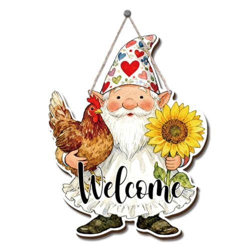 Farmhouse Wall Decor, Gnome Welcome Sign with Chicken and Sunflower, Rustic Wood Hanging Plaque, Watercolor Farmhouse Painting Style Wall Art for Porch Garden Kitchen or Entryway, 11.8x9.2 Inches - color: Farm 19