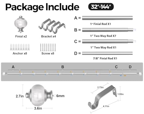 KAMANINA 1 Inch Curtain Rods for Windows 72 to 144 Inch, Silver Drapery Rod - color: Light Silver, size: 72-144"