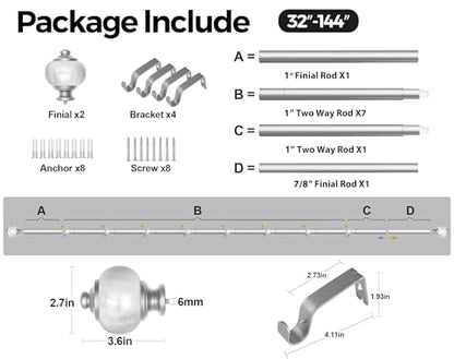 KAMANINA 1 Inch Curtain Rods for Windows 72 to 144 Inch, Silver Drapery Rod - color: Light Silver, size: 72-144"