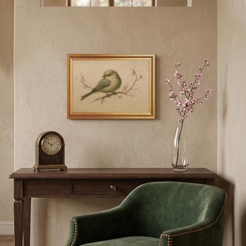 EJPFOGV Serene Bird on Branch Pink Floral Framed Canvas Wall Art 12x16 inch - color: Bird, size: 16"L x 12"W