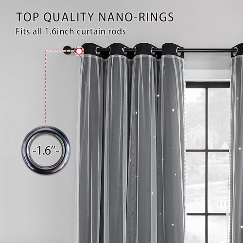 XiDi Black Curtains for Bedroom 63 Inches Long Star Blackout Curtains 34x63 - color: Black, size: 34"W x 63"L (Pack of 2)