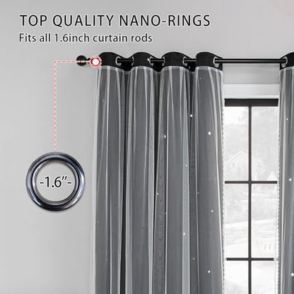 XiDi Black Curtains for Bedroom 63 Inches Long Star Blackout Curtains 34x63 - color: Black, size: 34"W x 63"L (Pack of 2)
