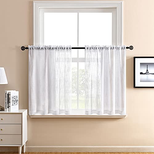 XTMYI Farmhouse Kitchen Curtains 36 Inch Length Set of 2 Panels Short Linen Textured Boho Cafe Curtain Tiers Semi Sheer Small Curtains for Bathroom Windows RV Trailers White - color: White, size: 25"W x 36"L (Pack of 2)