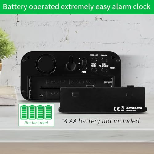 Alarm Clock,1.2'' LED,Cordless,Battery Operated,3-Level Brightness,12/24Hr - color: Black Case-red Led