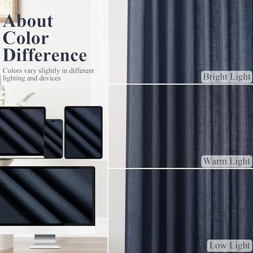 BOODII Linen Curtains 108 Inch Long 9ft for Living Room Navy Blue 2 Panels - color: Navy Blue, size: 52"W x 108"L (Pack of 2)