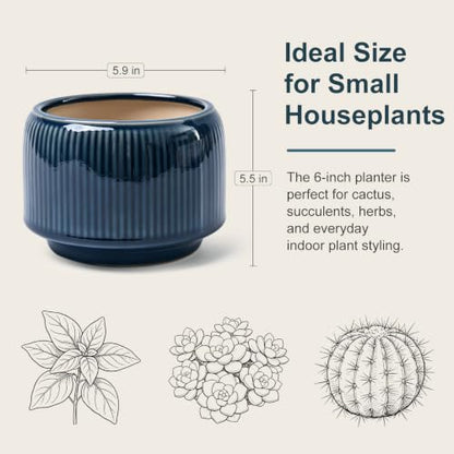 6 Inch Ceramic Plant Pots Set of 2 with Drainage Hole for Indoor Plants - color: Navy & Taupe