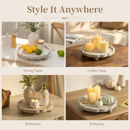 Hanobe Wood Decorative Tray for Home Decor, Round Candle Holder Plate 11.6"