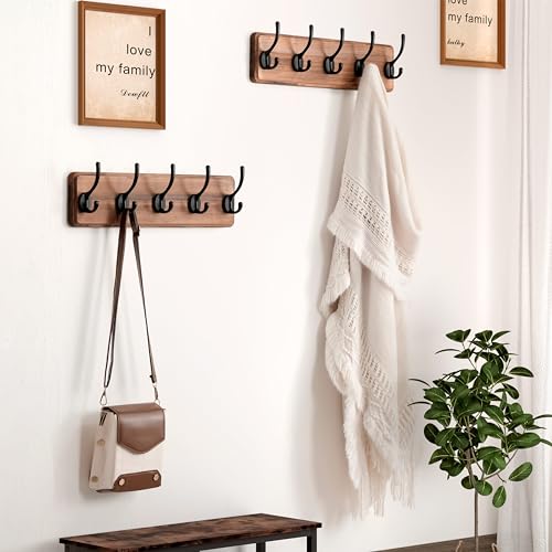 Dseap Wall Mounted Coat Rack: Patented, Heavy-Duty, 17.4" Long 5-Double-Hooks Wooden Hanger Rail for Winter Coats, Hat, Jacket, Clothing - Natural & Black - color: Natural & Black, size: L=17.4" (1pcs)