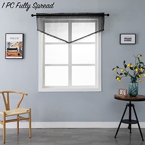 Beaded Sheer Valance Curtains for Living Room,Rod Pocket Farmhouse Window Valance, Bead Trim Tassel Voile Sheer Curtain Valance for Bedroom Bathroom Cafe 51x24 Inches (Black) 1PC - color: Black