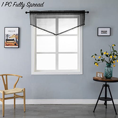 Beaded Sheer Valance Curtains for Living Room,Rod Pocket Farmhouse Window Valance, Bead Trim Tassel Voile Sheer Curtain Valance for Bedroom Bathroom Cafe 51x24 Inches (Black) 1PC - color: Black