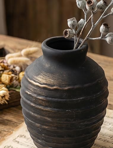 NiHome 6.7" Ribbed Ceramic Bud Vase, Farmhouse Flower Vase, Rustic, Black - color: Black