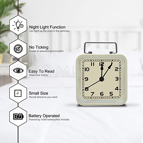 Rohome Small Alarm Clock, Retro Silent Quartz Movement with Night Light, Decorative Vintage Non Ticking Clock for Living Room, Office, Desk, Bedroom, Bedside, Hotel, Shelf, Nightstand (White) - color: White