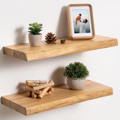 fuqing Live Edge Floating Shelves for Wall, 20 Inch Solid Elm Wood Shelves - color: Natural Elm Live Edge - 8"d, size: 20"L - 2Packs