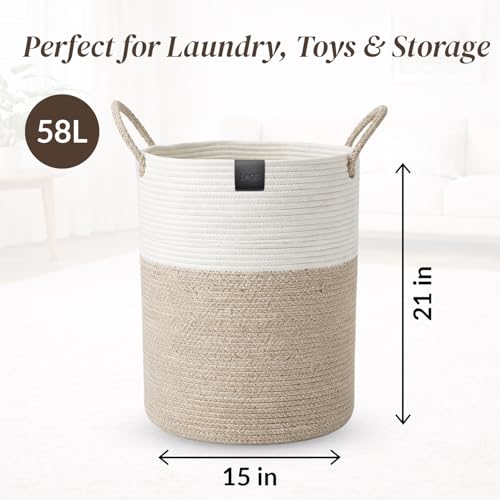 Large 58L Laundry Basket, Woven Rope Laundry Hamper with Reinforced Structure, Collapsible Clothes Storage Bin for Bedroom, Bathroom & Nursery, Durable Blanket & Toy Organizer