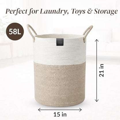 Large 58L Laundry Basket, Woven Rope Laundry Hamper with Reinforced Structure, Collapsible Clothes Storage Bin for Bedroom, Bathroom & Nursery, Durable Blanket & Toy Organizer