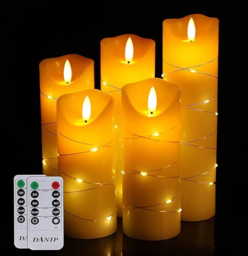 danip LED flameless Candle, with Embedded Starlight String, 5-Piece LED Candle, with 10-Key Remote Control, 24-Hour Timer Function, Dancing Flame, Real Wax, Battery-Powered. (Ivory White) - color: WhiteC#1*5