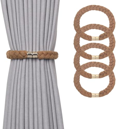 NICEEC 4 Pack Natural Cotton Rope Magnetic Curtain Tiebacks Elegant Twisted Braid Style Drape Tie Backs Soft Hand-Woven Rope Curtain Holdbacks for Home & Office Window Draperies (Khaki-02) - color: Khaki-02, size: 4 Pack