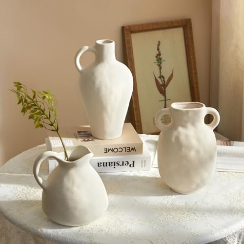 Rustic Ceramic Pitcher Vase with Handle, Antique Farmhouse Matte Textured Plain Neutral Unfinished Rough Clay Jug Pottery Vases for Home Decor… - size: 6.3''A