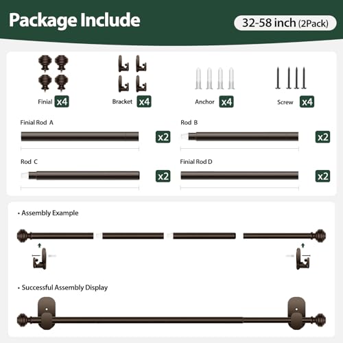 KAMANINA No Drill Curtain Rods 2 Pack 32-58", 3M Adhesive Brackets, Bronze - color: Bronze, size: 32-58"（2Pack）