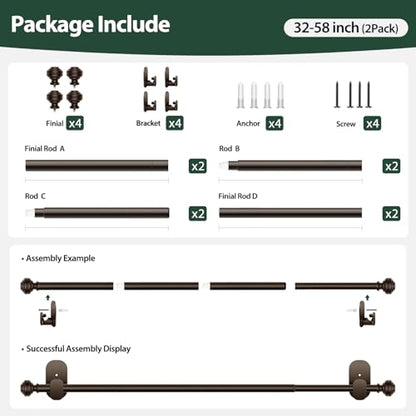 KAMANINA No Drill Curtain Rods 2 Pack 32-58", 3M Adhesive Brackets, Bronze - color: Bronze, size: 32-58"（2Pack）