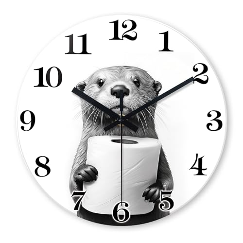 XNM 14 Inch Cute Otter Glass Wall Clocks Battery Operated - color: Black4, size: 14 Inch