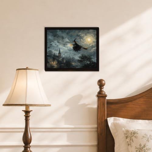 BIQRP Halloween Witch Flying On Broom Over Village Wall Art Decor - color: Flying1