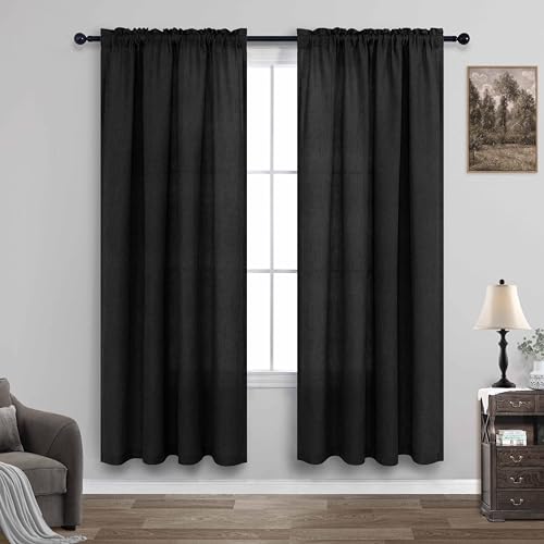 KOUFALL Black Sheer Linen Curtains, 63 Inch Length Rod Pocket Modern Farmhouse Curtains for Bedroom Living Room - color: Black, size: 52"W x 63"L (Pack of 2)