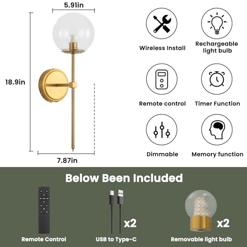 Globe Battery Operated Sconce Set of 2 with Clear Glass Lampshade - color: Gold-Clear