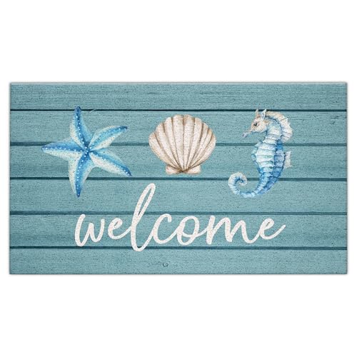 Jvpke Beach Welcome Mat for Front Door, Beach Door Mat, Starfish Seashell Seahorse Beachy Door Mats Indoor Outdoor Entrance Porch, Ocean Beachy Baths Mats for Bathroom, 17x30 Inches - color: Beach Welcome