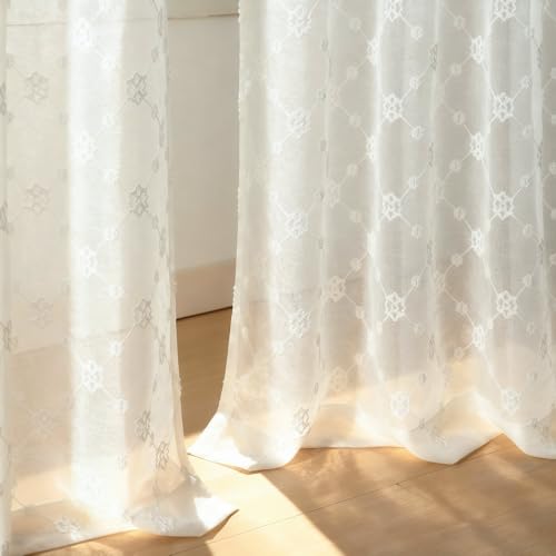 VOGOL Geometric Embroidered Sheer Curtains, 52 x 96, 2 Panels, White - color: Plaid, size: 52"W x 96"L (Pack of 2)