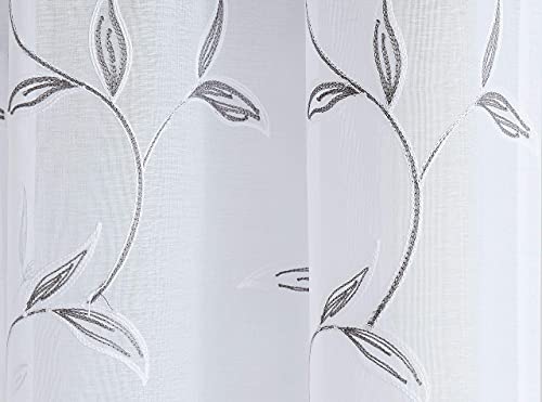 LinenZone 54x96 White Curtains with Charcoal Leaves. (Maria 54x96 Charcoal) - color: Charcoal, size: 54"W x 96"L (Pack of 2)