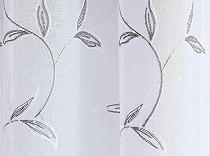 LinenZone 54x96 White Curtains with Charcoal Leaves. (Maria 54x96 Charcoal) - color: Charcoal, size: 54"W x 96"L (Pack of 2)
