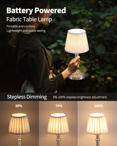 KDG Nickel Cordless Table Lamps Set of 2, Beige Fabric Shade Desk Lamp - color: Nickel + Beige Fabric Lampshde (2 Pack)