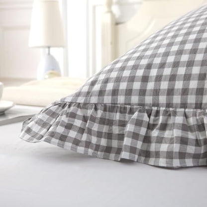 Silnuo Grey/White Plaid Ruffled Body Pillow Sham 1 Piece Washed Cotton Shabby Checkered Gingham Pillow Cover 20"x54" - color: Grey/White Plaid, size: Body Pillow (20" x 54") - 1 Piece