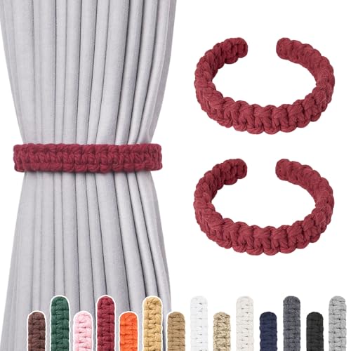 NICEEC 2 Pack Natural Cotton Rope Curtain Tiebacks Farmhouse Rustic Style Decorative Drape Tie Backs Handmade Braided Curtain Holdbacks for Home & Office Sheer/Light Weight Drapery (C-Wine Red-L) - color: Wine Red-large, size: 2 Pack