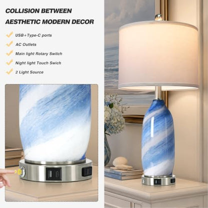 Rinweey 26" Grey-Blue Glass Table Lamps Set of 2,Coastal Lamps Nautical lamp with USB A+C Ports & AC Outlet,Bedside Lamps with 3-Way Dimmable-Night Light for Bedroom Living Room,Grey-Blue - color: Grey-Blue