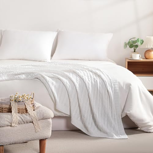 NTBAY Cotton Oversized Cable Knit Throw Blanket, 60 x 80, White - color: White, size: Twin(60"x80")