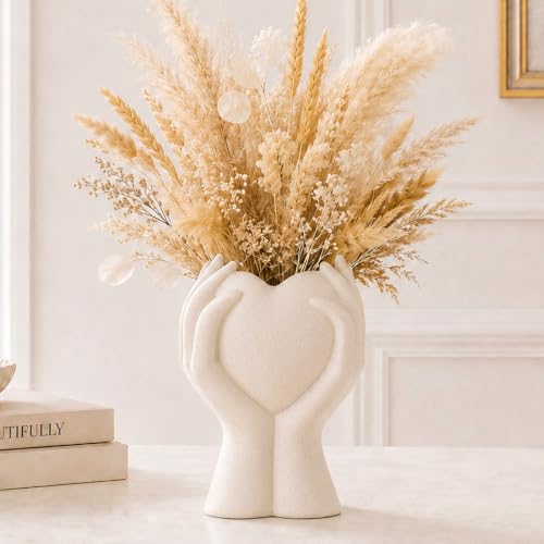 8 Inch Heart Hand White Ceramic Vase - Unique Modern Aesthetic Flowers Vase for Living Room Bedroom Office Kitchen Table Centerpiece or Shelf Decor (Cream White) - color: Cream White