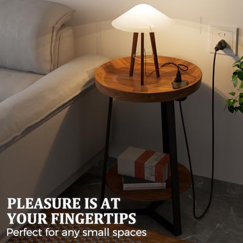 Gadroad Round End Table with Charging Station, Brown - color: Brown, size: 15.75"D x 15.75"W x 23"H (with Charging Station)