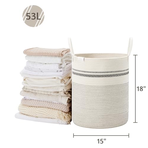 VIPOSCO 53L Tall Woven Rope Laundry Hamper, Leather Handles, Stripe White - color: Stripe White, size: 53L