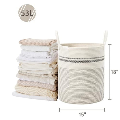 VIPOSCO 53L Tall Woven Rope Laundry Hamper, Leather Handles, Stripe White - color: Stripe White, size: 53L