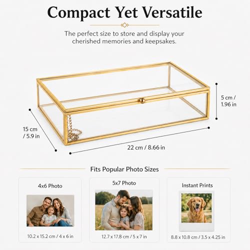 Feyarl Gold Glass Photo Cards Display Box Jewelry Trinket Ring Earring Post Cards Decorative Keepsake Box for Wedding Home Deco Dresser Coffee Table (8.66 x 5.9 x 1.96inch)