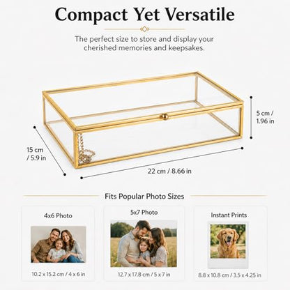 Feyarl Gold Glass Photo Cards Display Box Jewelry Trinket Ring Earring Post Cards Decorative Keepsake Box for Wedding Home Deco Dresser Coffee Table (8.66 x 5.9 x 1.96inch)