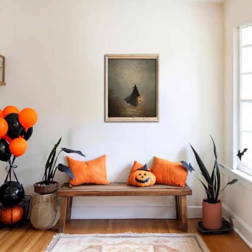 Kizbok Moody Halloween Witch Wall Art Prints, Spooky Witchty Holding a Glowing Lantern Canvas Painting, Gothic Halloween Pictures Wall Decor, Vintage Dark Academia Decor for Fall Bedroom Gallery Bathroom - UNFRAMED - color: Witchty, size: 10"L x 8"W