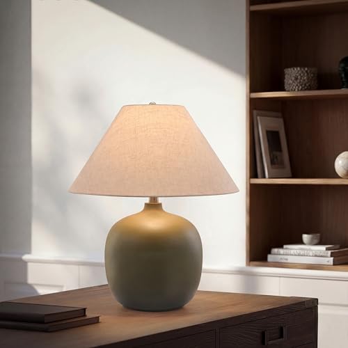 Abani Madeline 20” Table Lamp – Green Ceramic Base with Wheat Linen Tapered Shade, E26 2-Way Bulb Included – Modern Bedside Lamp for Bedroom, Living Room or Nightstand