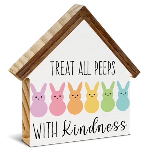 Easter Decor, Treat All Peeps with Kindness Bunny House Shaped Sign - color: TREAT