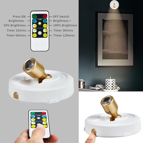 Wireless Spotlight Battery Operated with Remote Control, 2-Pack Under Cabinet Closet Light with Timer Function for Under Counter, Shelf, Bookcase, Cabinet, Paintings, Pictures, Accent - color: White Gold
